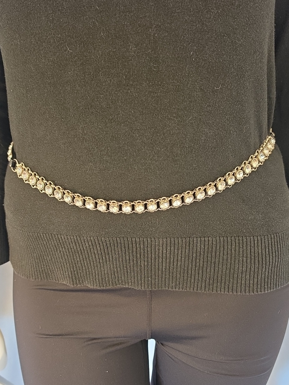 Silver Tone and Black Adjustable Chain Rhinestone Link Waist Belt with Heart Fob